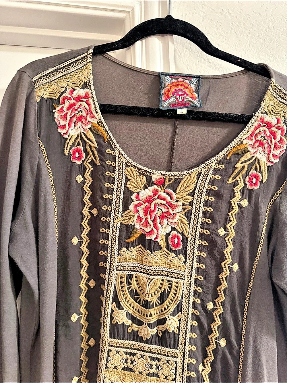 Johnny Was Los Angeles Floral Embroidered Tunic Gray Size Large